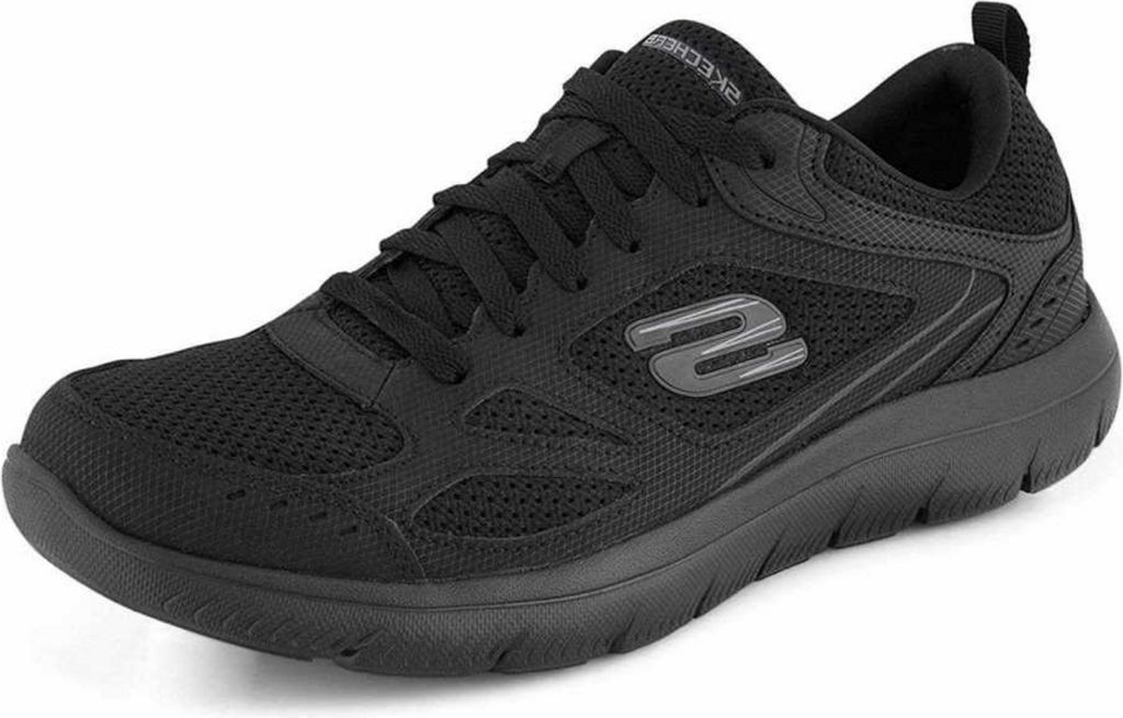 A black Skechers sneaker is shown from a side angle against a white background.