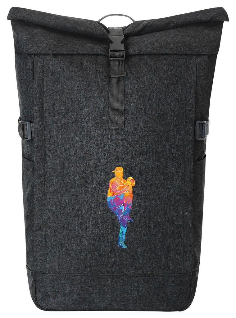 Huuraa Kurierrucksack Baseball Pitcher bunte Silhouette 30-44 Liter Black Melange Fairtrade Rolltop Rucksack Geschenkidee