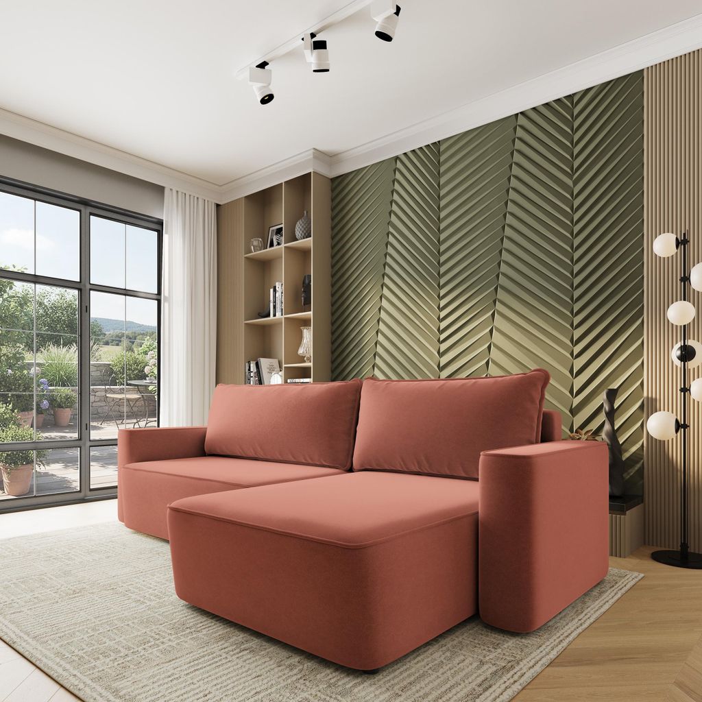 Masseno Ecksofa BELARO CL mit Schlaffunktion L-Form, Sofa mit Bettkasten, Wohnzimmersofa, Couch, Soffa, Bettsofa, Couchgarnitur- Koralle, CASTEL 55