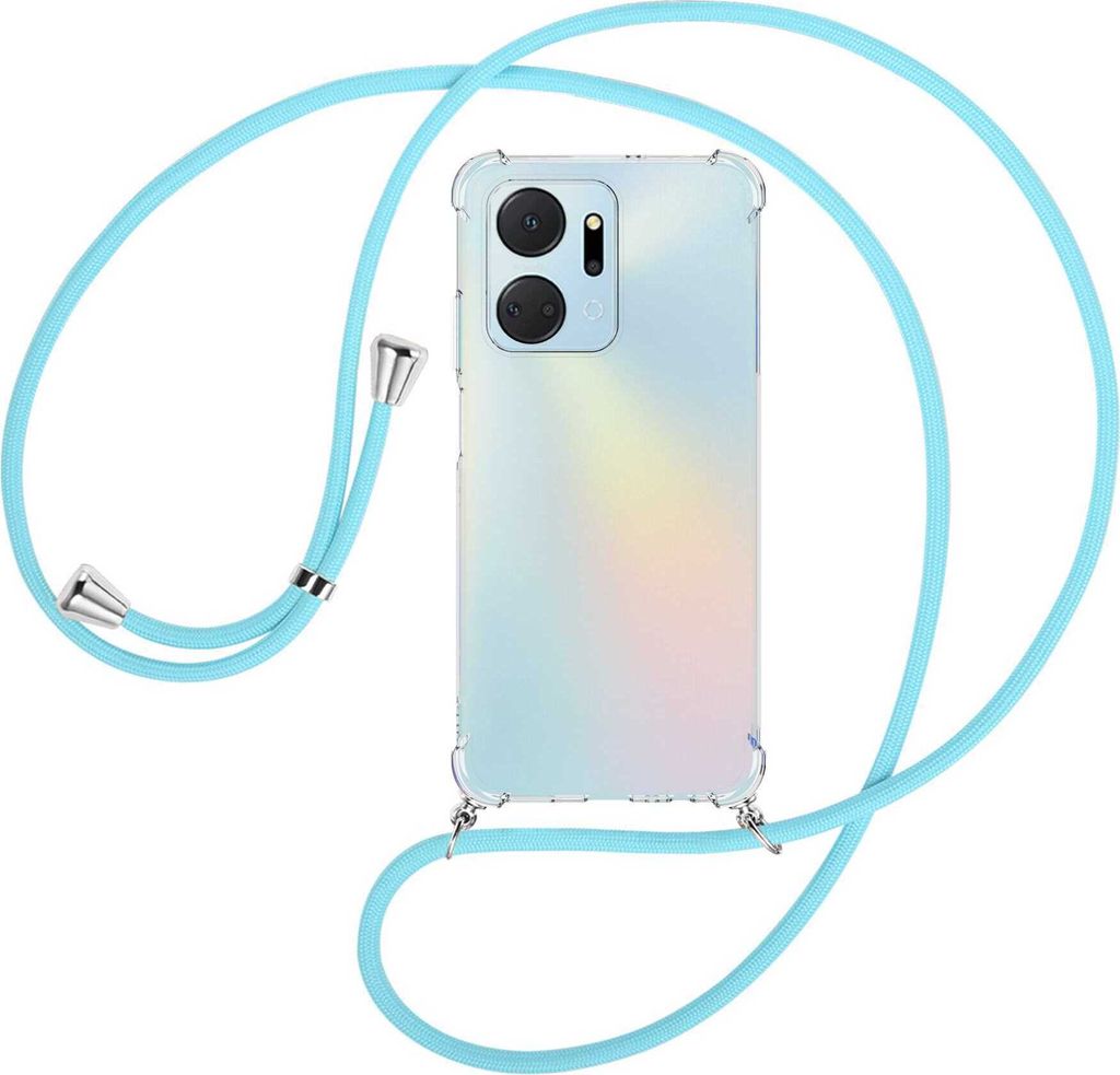Handykette Backcover-Schutzhülle mit Band (Metall silberfarben) für Honor X7a (6.75'') - himmelblau