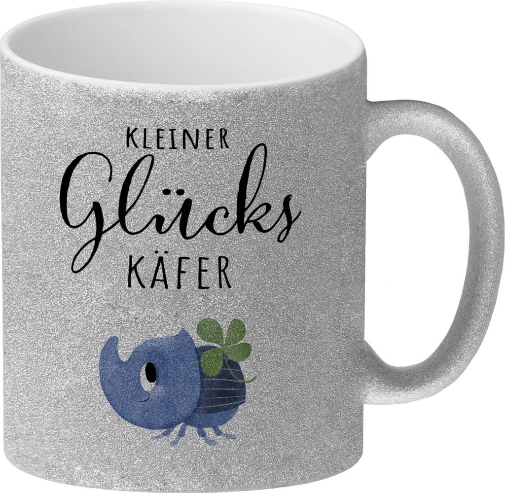 Nashornkäfer mit Klee Glitzer-Kaffeebecher mit Spruch Kleiner Glückskäfer