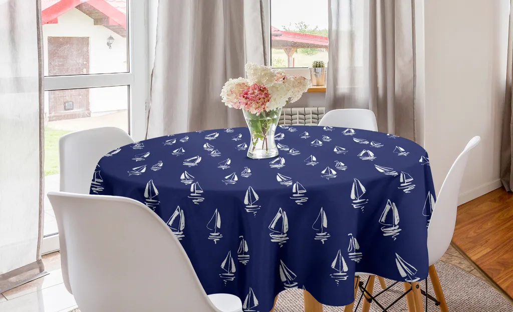 ABAKUHAUS Tovaglia rotonda blu navy, doodle barca a vela, tovaglia circolare per sala da pranzo, decorazione cucina, 150 cm, blu scuro bianco