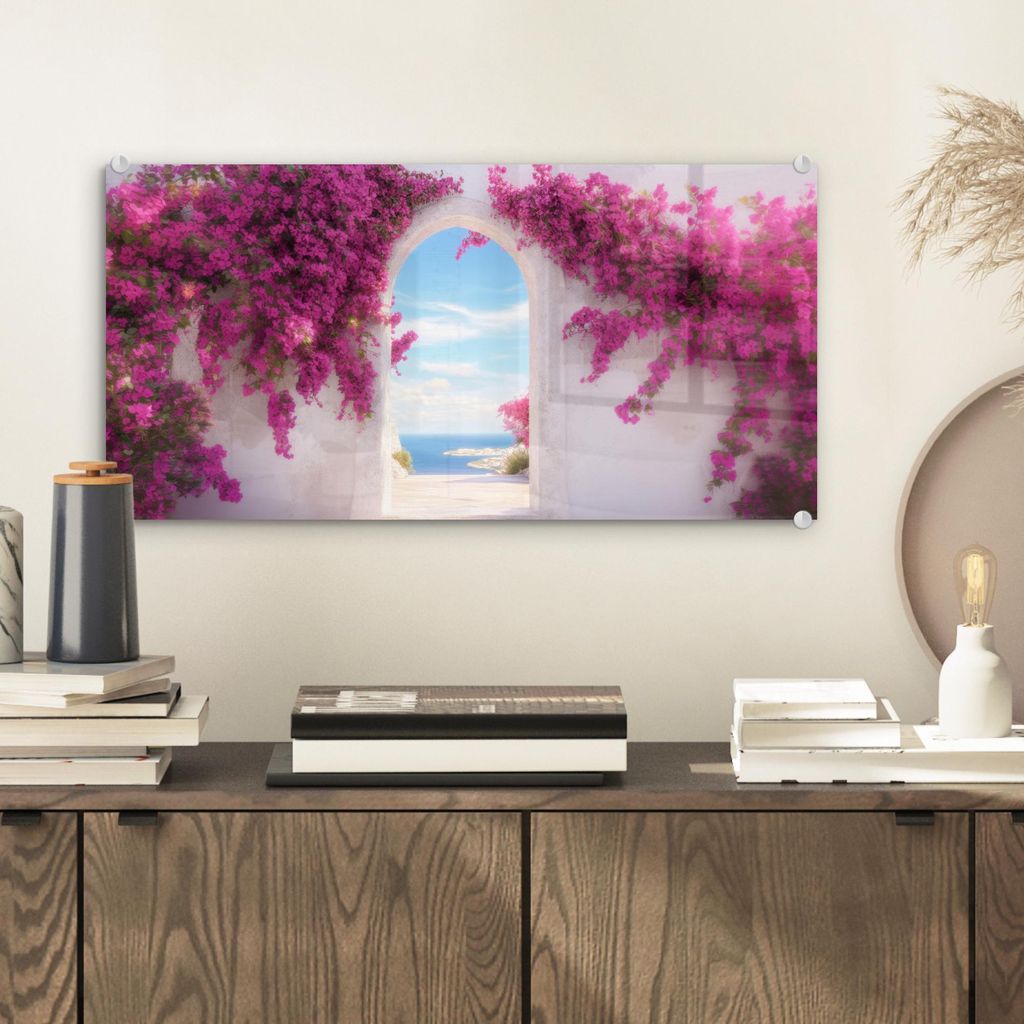 MuchoWow Glasbilder - Bilder auf Wandbild - Foto auf Glas Meer - Rosa - Blumen - Tor 40x20 cm Wanddekoration aus Glas - Acrylglasbild - Acrylbilder...