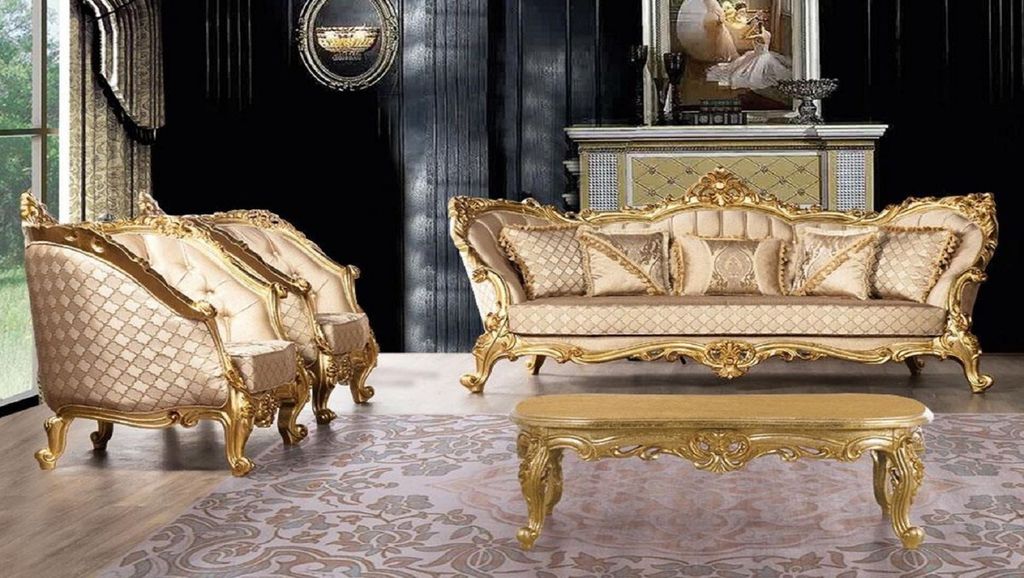 Casa Padrino Luxus Barock Wohnzimmer Set Gold - 2 Barock Sofas mit Muster & 2 Barock Sessel mit Muster & 1 Barock Couchtisch - Prunkvolle Barock Wo...