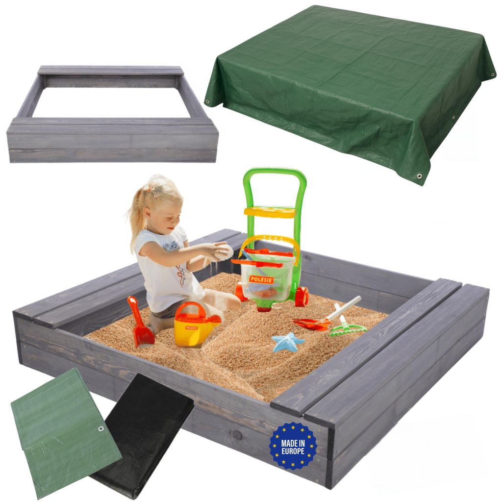 MODO24 Sandkasten Holz, Sitzbänke, Schutzplane, Holzsandkasten, Kinder Gartenspielzeug, Garten, 120x117 cm, Grau Imprägniert, PIA