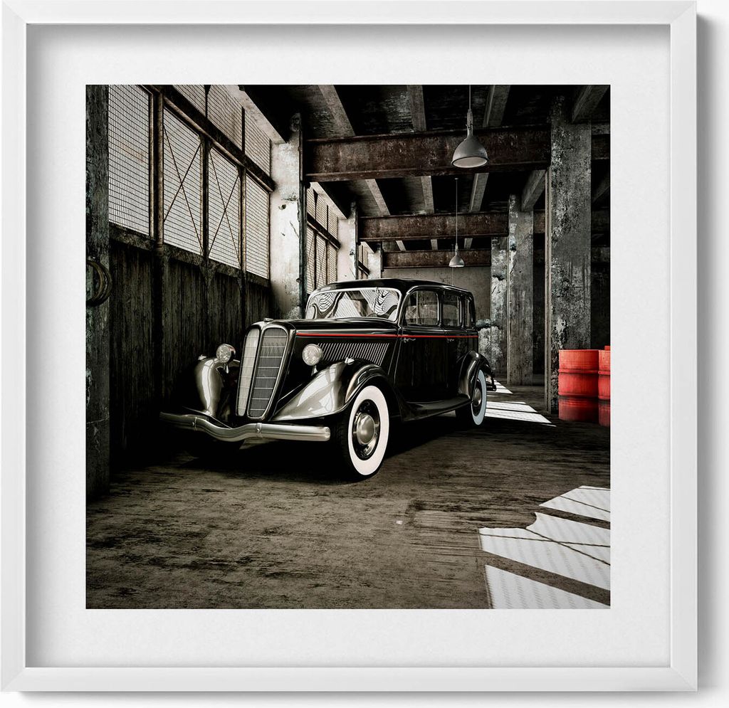 Oldtimer in einer alten Fabrik– Wandbild mit Rahmen – Gerahmtes Bild – Wanddekoration – 50x50 cm – Weiß Rahmen