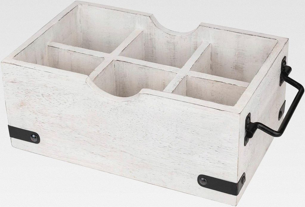 Besteckkorb aus Holz mit 6 Fächern, vielseitiger Organizer für Küchenutensilien, Besteck, Gewürze, Bastelbedarf, Make-up-Pinsel, weiß gekalkte...