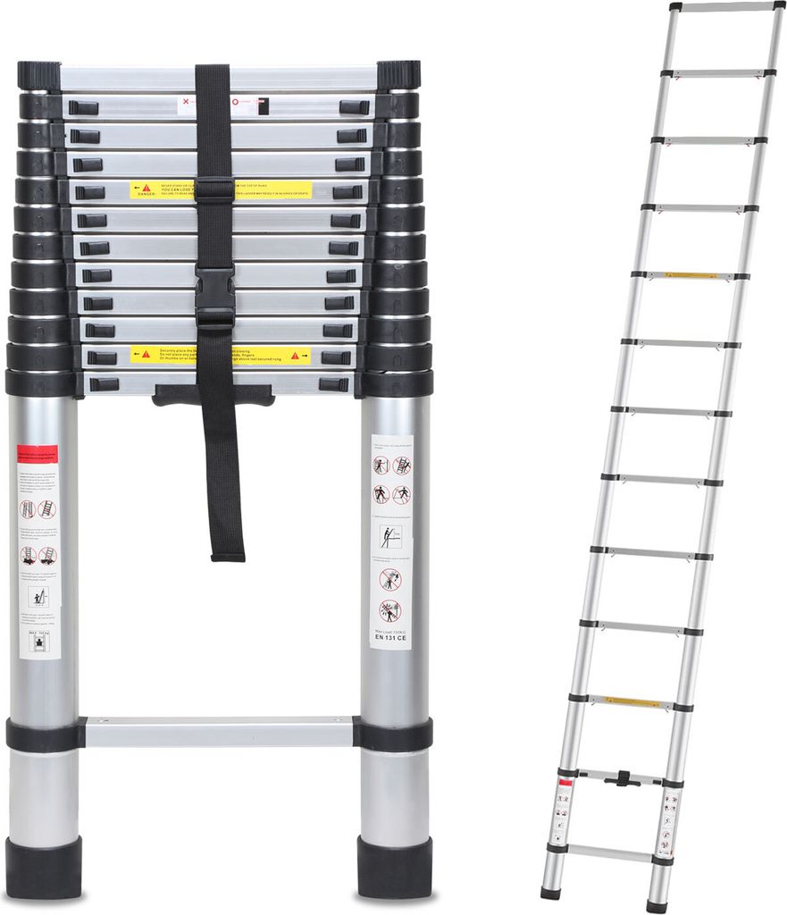 Clanmacy Teleskopleiter 5m bis 150kg 13 Schritte Aluminium Silber Stehleiter Mehrzweckleiter