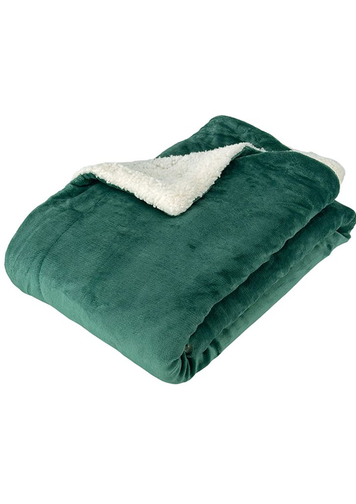 A folded green blanket with a white sherpa lining is shown against a white background.