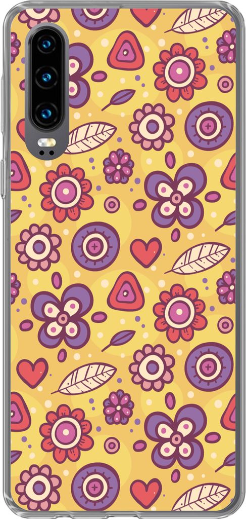 MuchoWow Handyhülle Schutzhülle Hülle für Telefoonhoesje Huawei P30 Muster - Blumen - Lila - Orange Silikon Softcase Handy Hülle - Kartenbes...