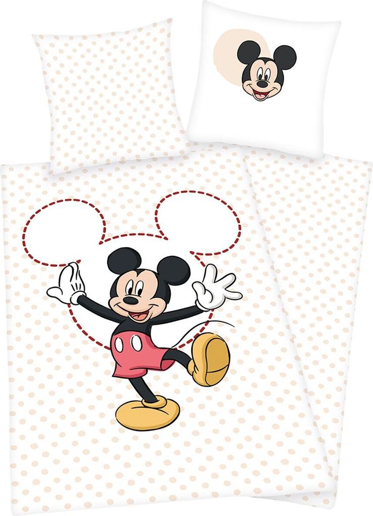 A flat lay of Mickey Mouse themed bedding with a pillow and a duvet cover.
