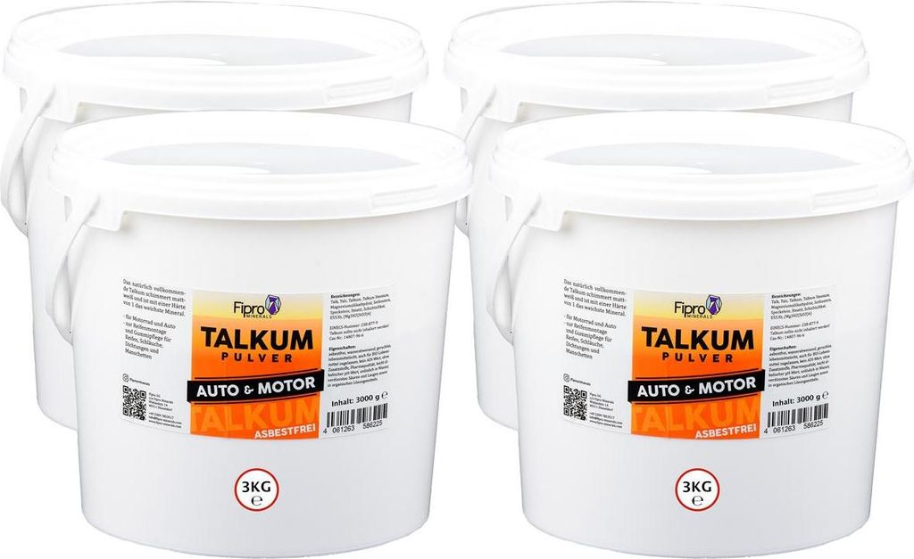 Talkum für Gummipflege Reifenmontage 4x 3kg Eimer Asbestfrei & aus 100% Talc Talk, Talkumpuder ohne Zusatzstoffe - für die direkte Anwendung an S...