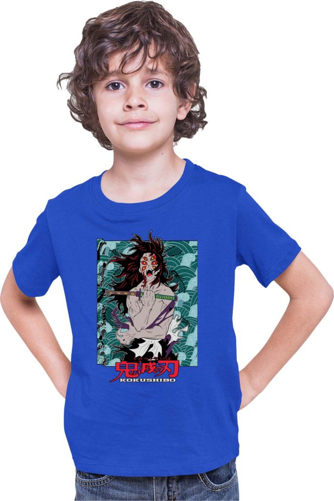 Kinder T-Shirt Demon Anime Slayer Kimetsu No Yaiba Kokushibo 001, 9-11 Jahr - 140 / Blau