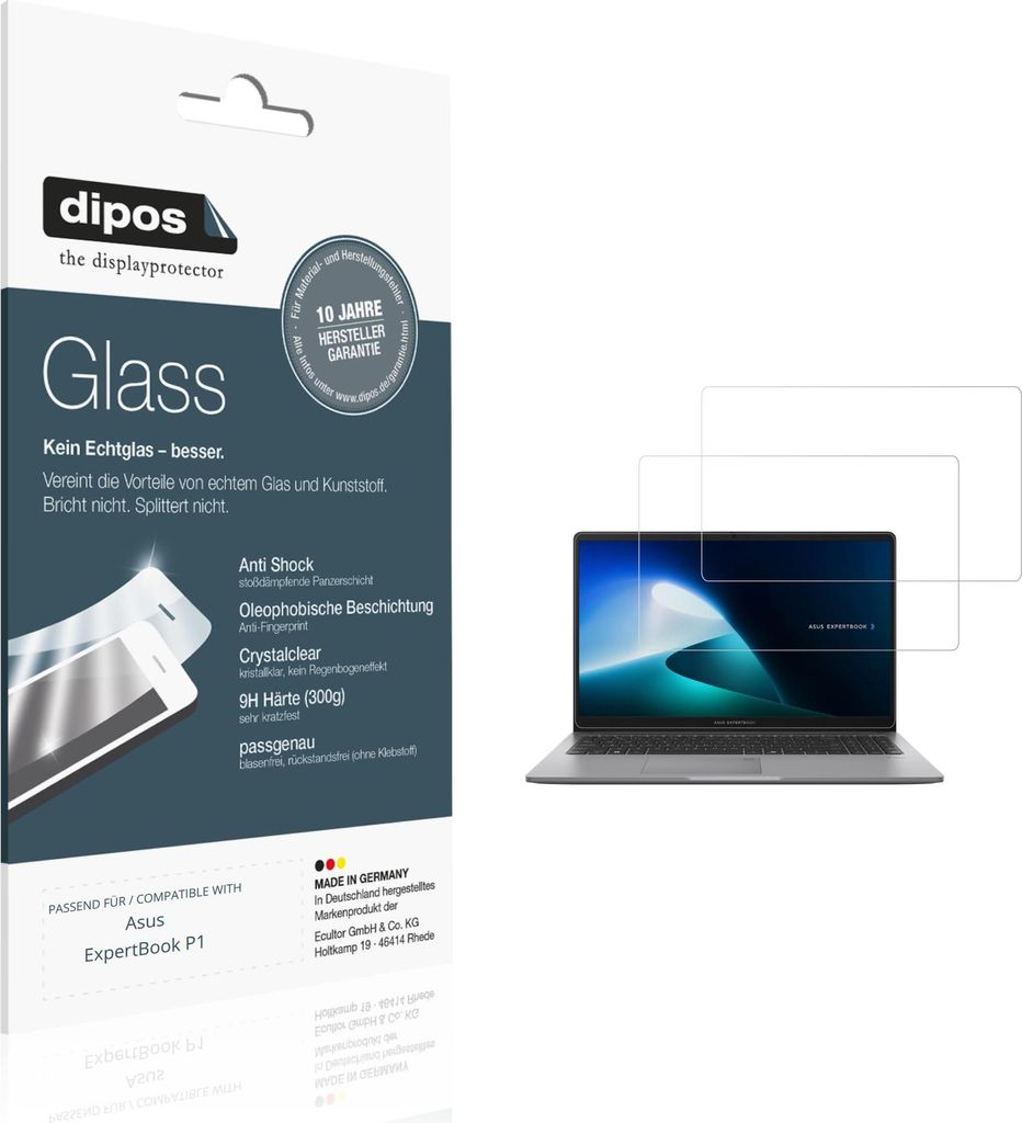 2x Schutzfolie für Asus ExpertBook P1 - Anti-Shock 9H Folie dipos Glass Kunststoffglas