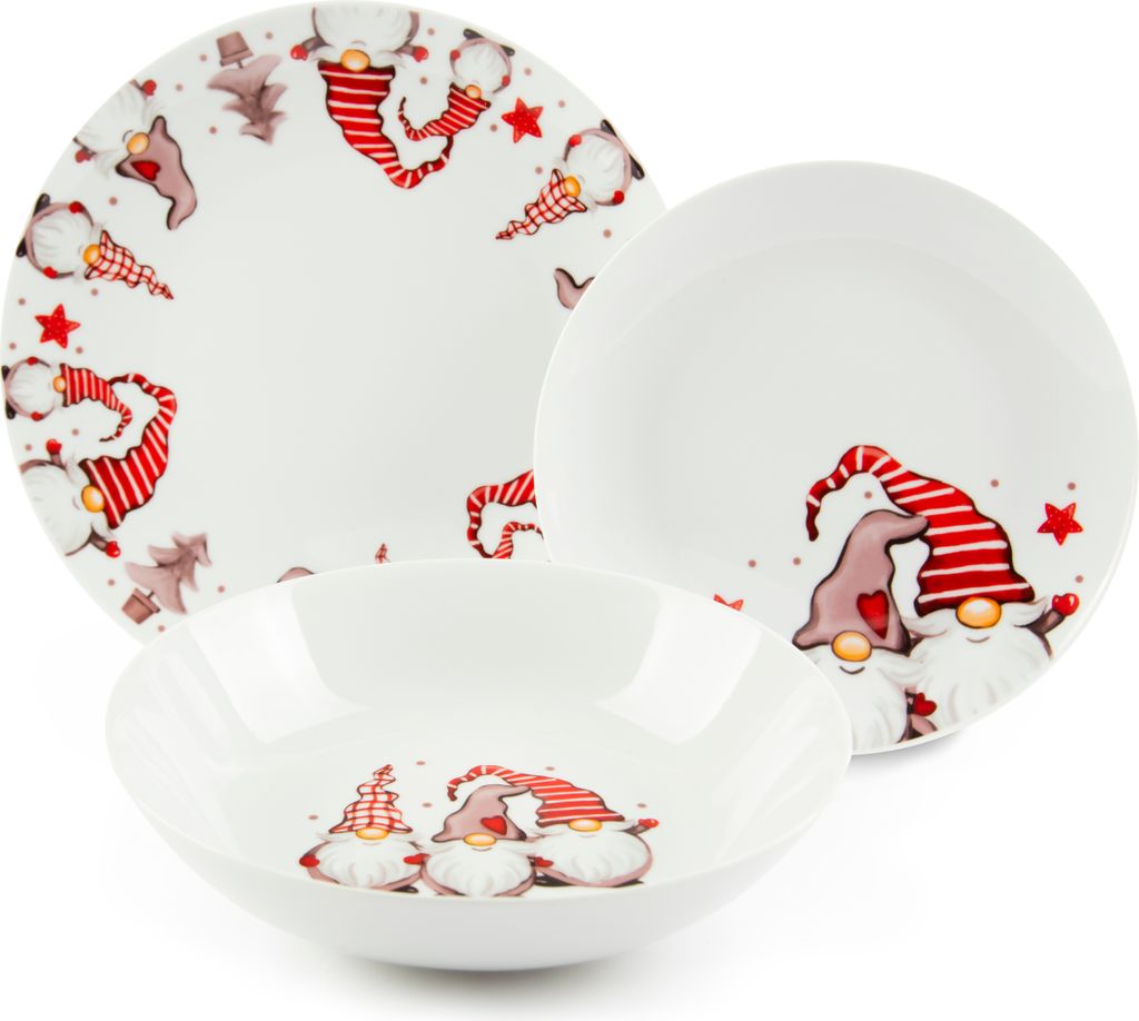 A set of three white ceramic dishes with a gnome-themed Christmas design.