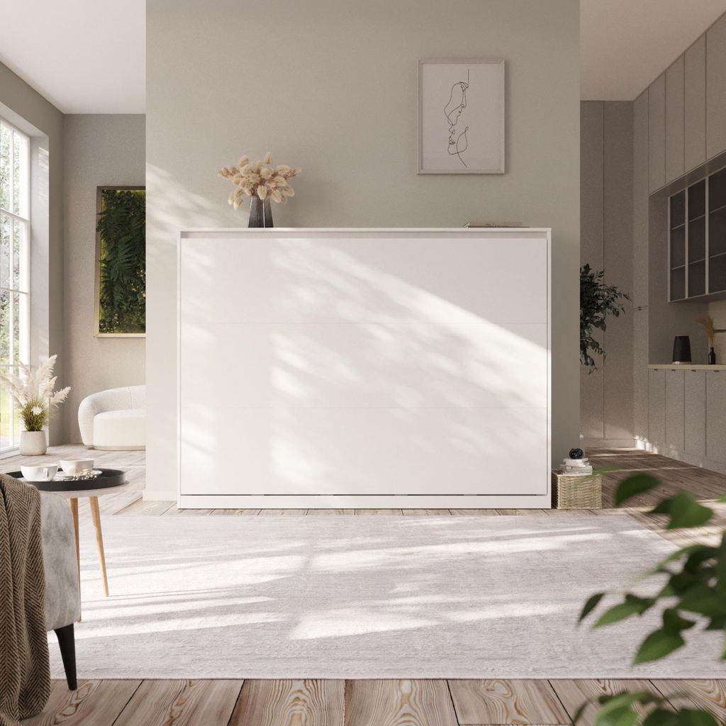 Schrankbett Classic Wandbett Doppelbett 140x200 Wandklappbett 140 Horizontal Weiss mit Matratze