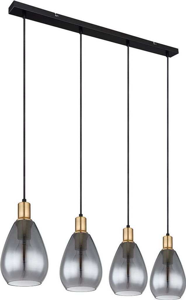 Hängeleuchte, Metall schwarz, Glas rauch, messing, H 120 cm