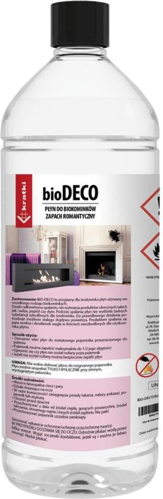 A bottle of liquid for bio-fireplaces with a label showing a fireplace and safety symbols.