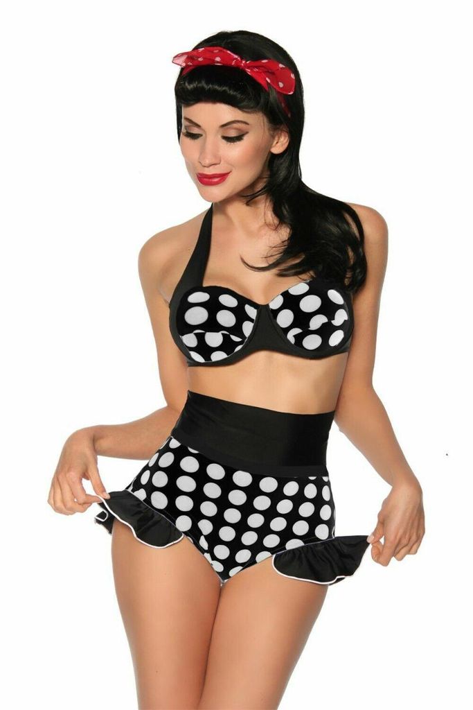 Vintage Push-Up Bikini Set 12901 Rockabilly höhe Taille Polka Dots, schwarz/weiß, Gr. L=38