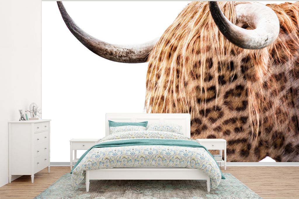 MuchoWow Fototapete für Wohnzimmer oder Schlafzimmer Wandtapete Vinyl Motivtapete Schottischer Highlander - Panther - Weiß - 295x220 cm - Wand ...