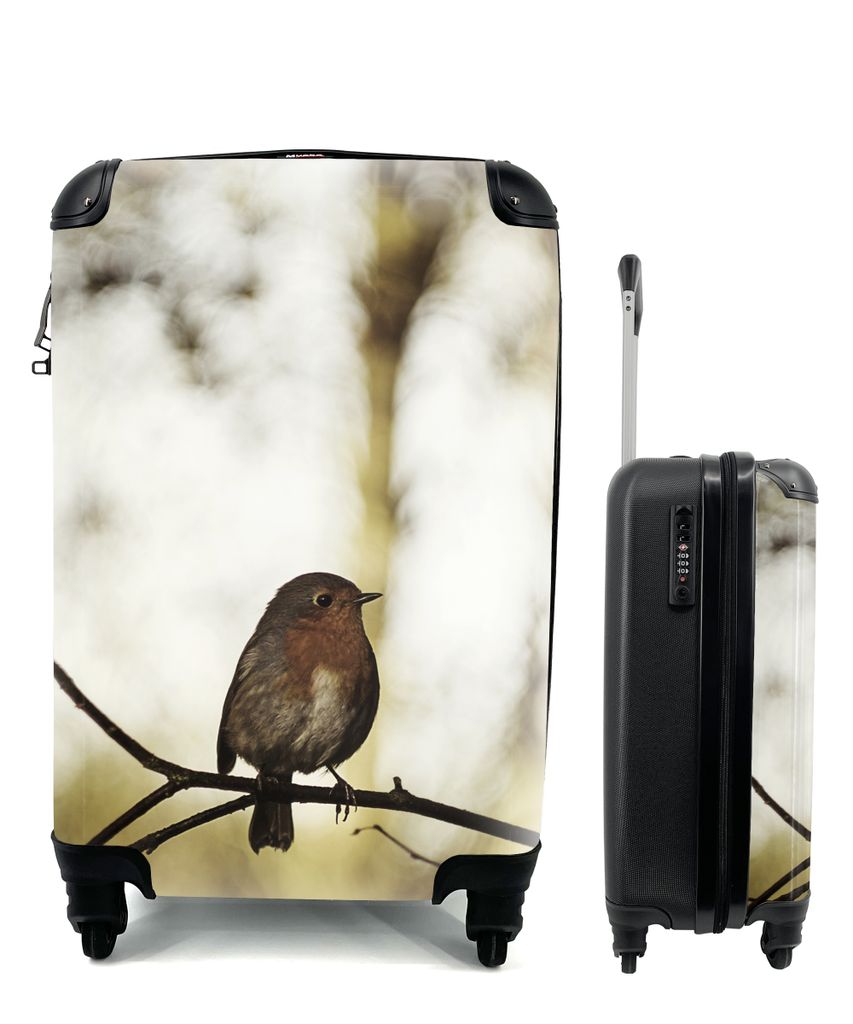 MuchoWow Koffer Handgepäck Trolley Rollkoffer Kleine Reisekoffer mit 4 Rollen - Natur - Rotkehlchen - Zweig - Cabin Size < 55x40x23 cm & 55x40x2...