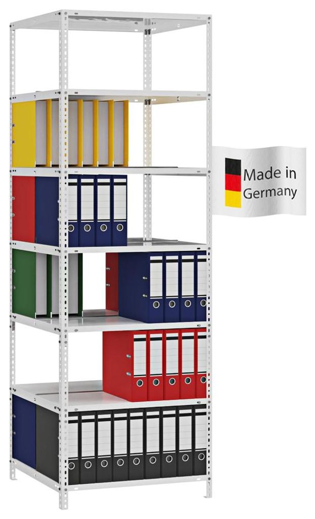 PROREGAL Aktenregal Schraubsystem MAGNUS Germany | HxBxT 220x75x60cm | 7 Ebenen | Fachlast 90kg | Beidseitig nutzbar | Lichtgrau