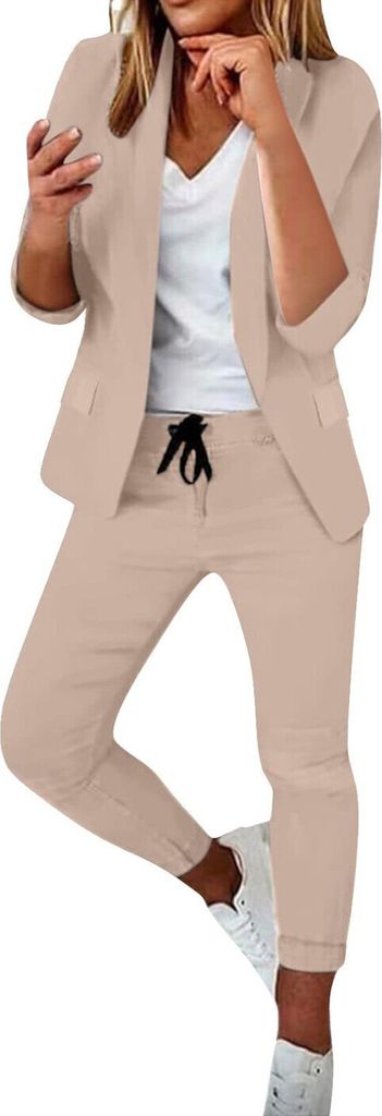 ASKSA Damen Mittellangen aermel Hosenanzug Elegant Business Anzug Set Freizeitanzug, Khaki, Groesse: XL