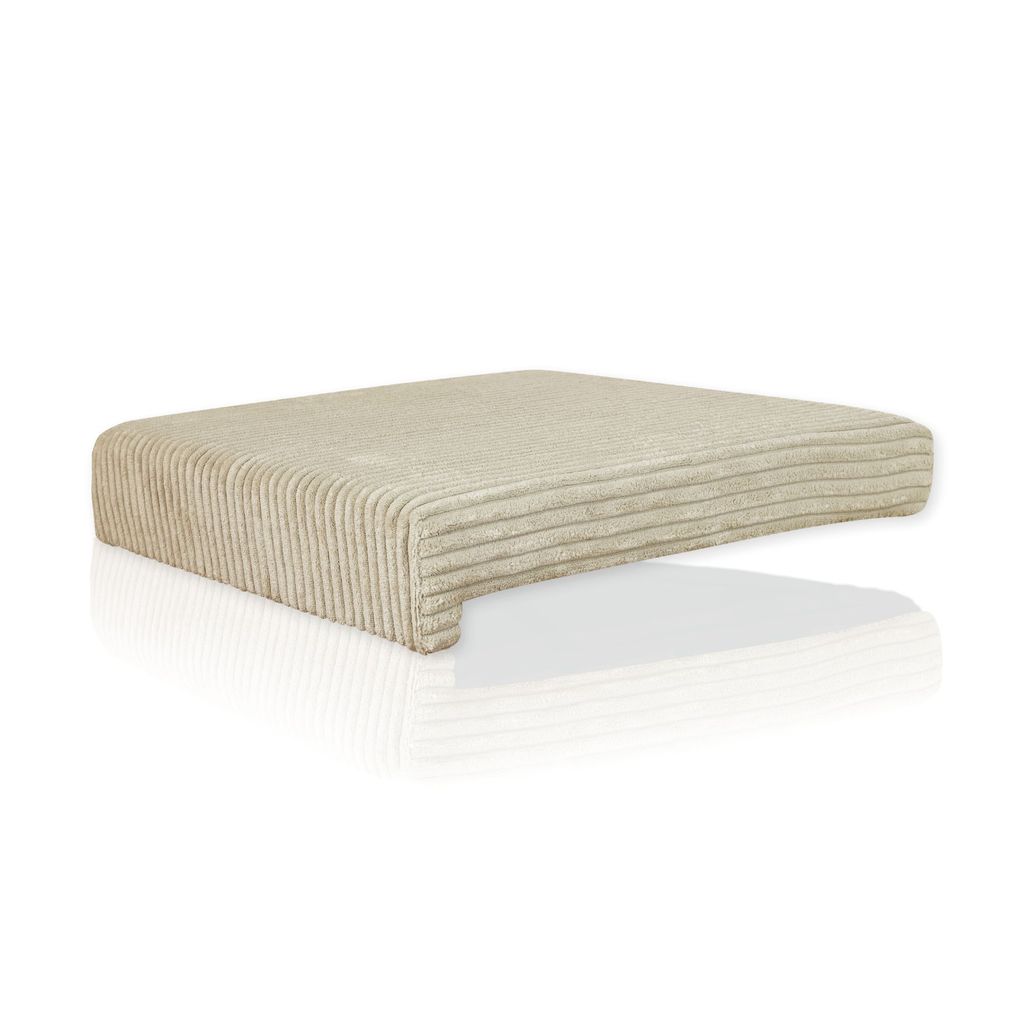 A beige corduroy bench cushion with a ribbed texture, shown from a side-angle on a white background.
