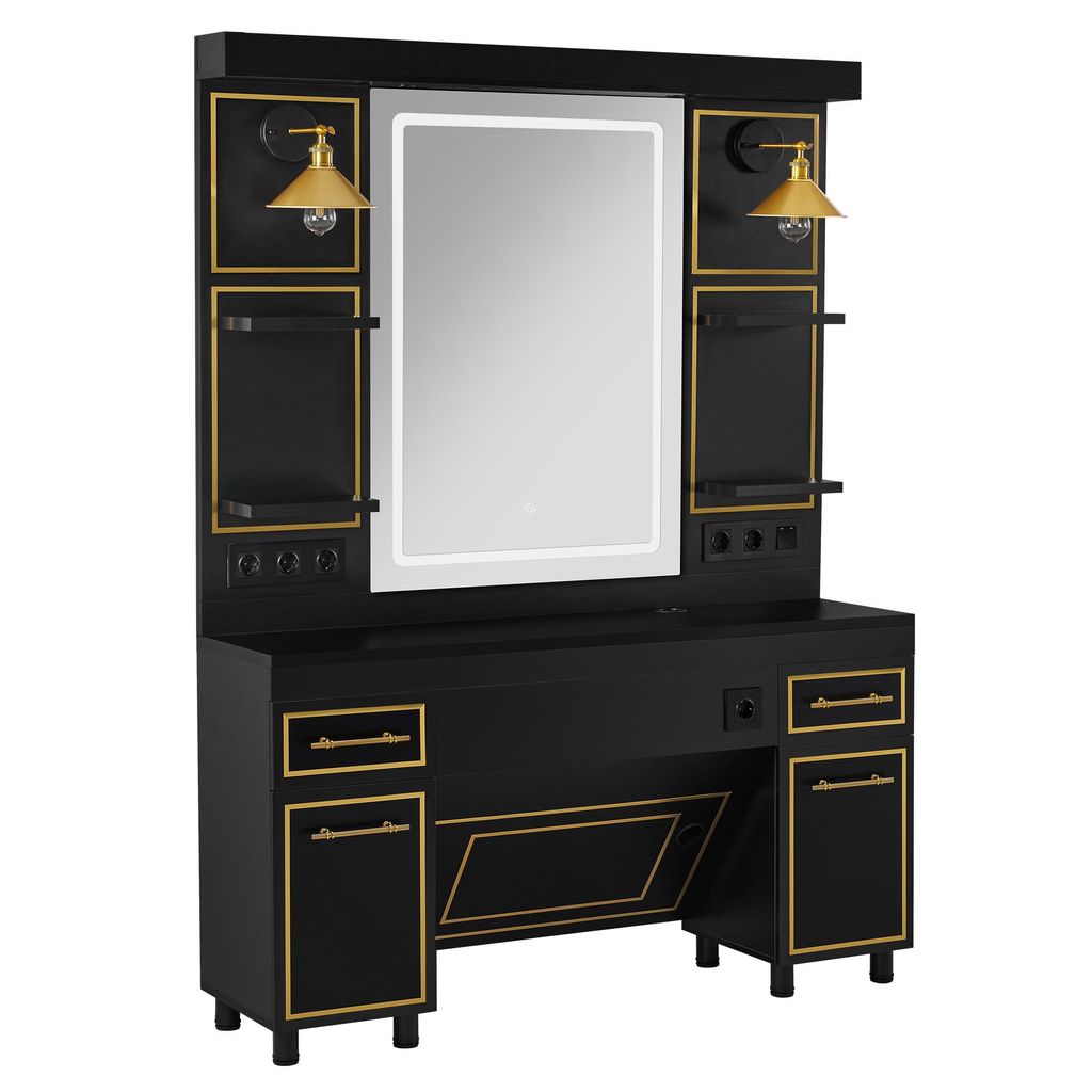 Schminktisch mit Spiegel, Bedienungsplatz mit 2 Schränken, Spiegelschrank aus Holz, Spiegeltisch, Modern 3161 (Schwarz-Gold)