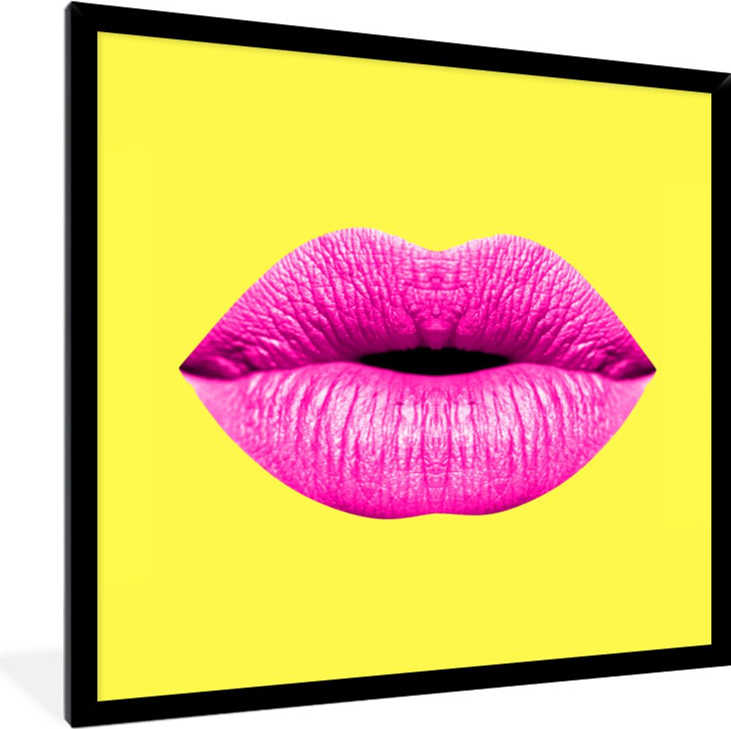 MuchoWow MuchoWow Gerahmtes Poster Lippen - Rosa - Gelb 40x40 cm - Poster mit zchwarzem Bilderrahmen - Mit Rahmen - Wanddekoration Schlafzimmer