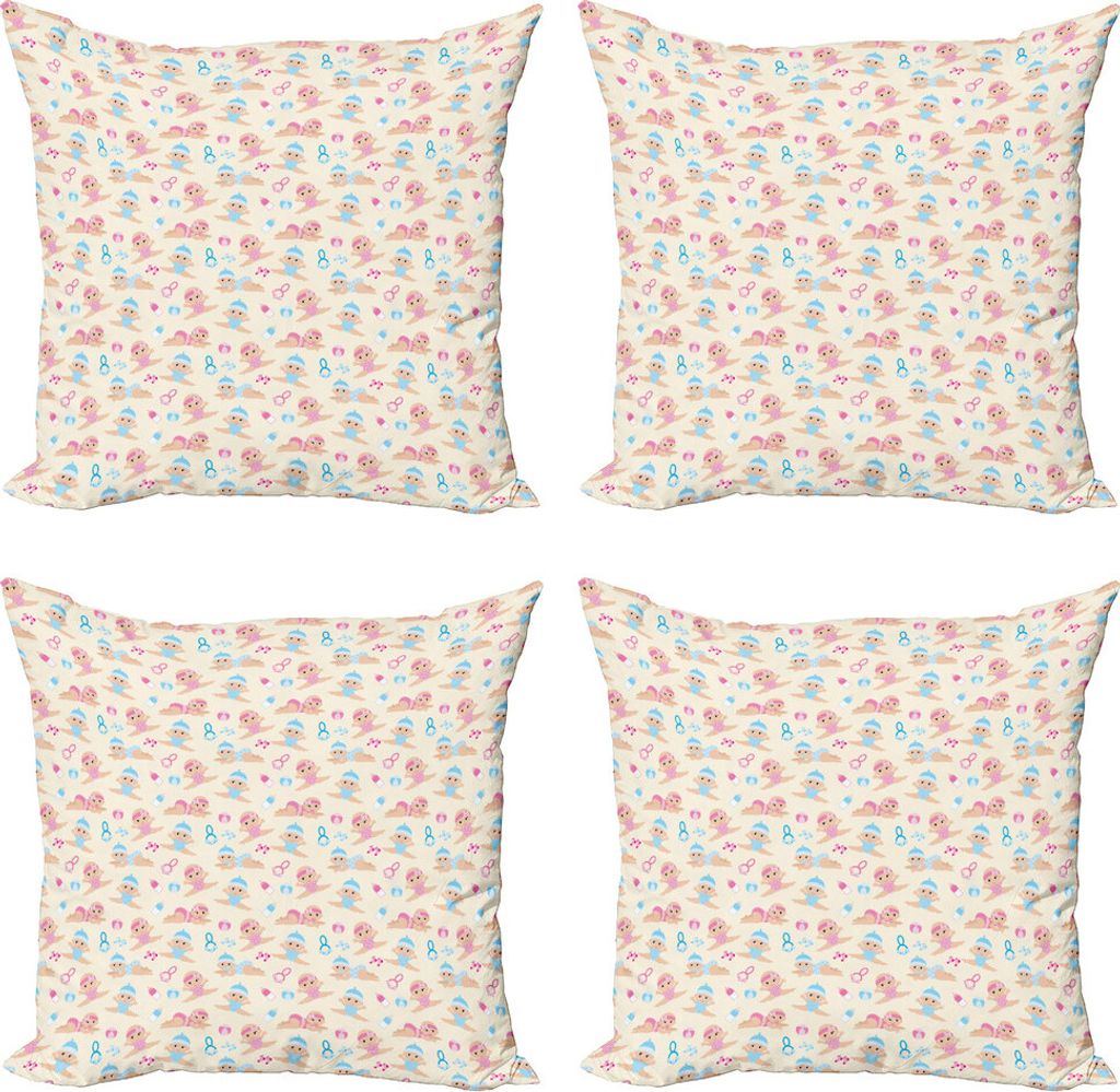 ABAKUHAUS Baby Kissenbezug Set (4 Stück), Bruder und Schwester Rattle, Moderner Doppelseitiger Digitaldruck, 40 cm x 40 cm, Elfenbein Blau Rosa