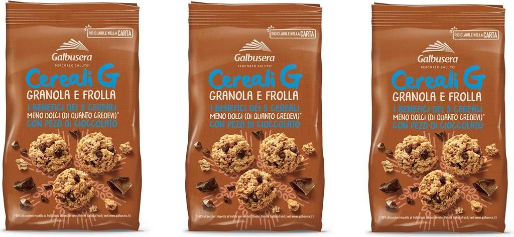 3x Galbusera Cereali G Granola e Frolla Shortbread Kekse mit Müsli und Schokoladenstücke cookies biscuits 300g
