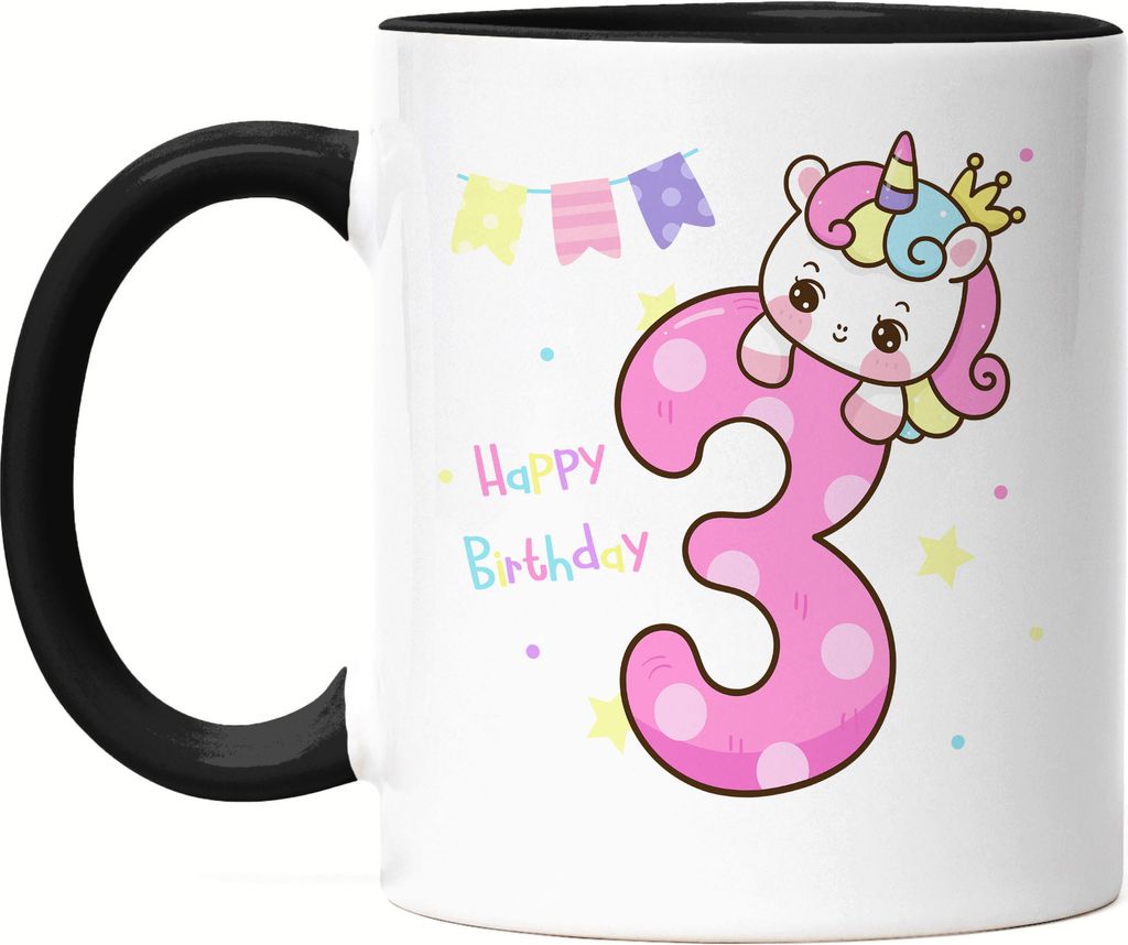 Happy Birthday Tasse Schwarz 3. Geburtstagskind 3. Geburtstag Alles Gute Happy Birthday Party Einhorn Prinzessin