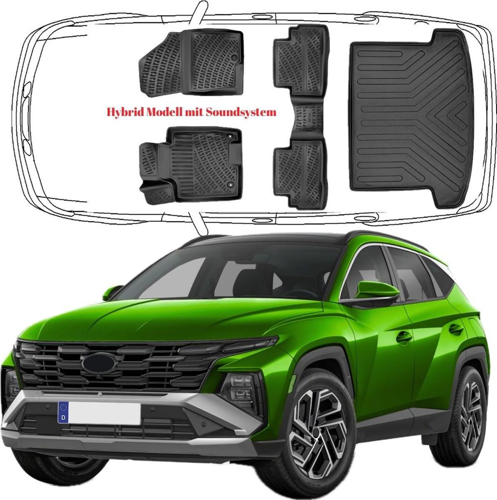 3D Auto Fußmatten & Kofferraumwanne Set Kompatibel mit Hyundai Tucson 4.Gen Hybrid Modell mit Soundsystem ab 2021