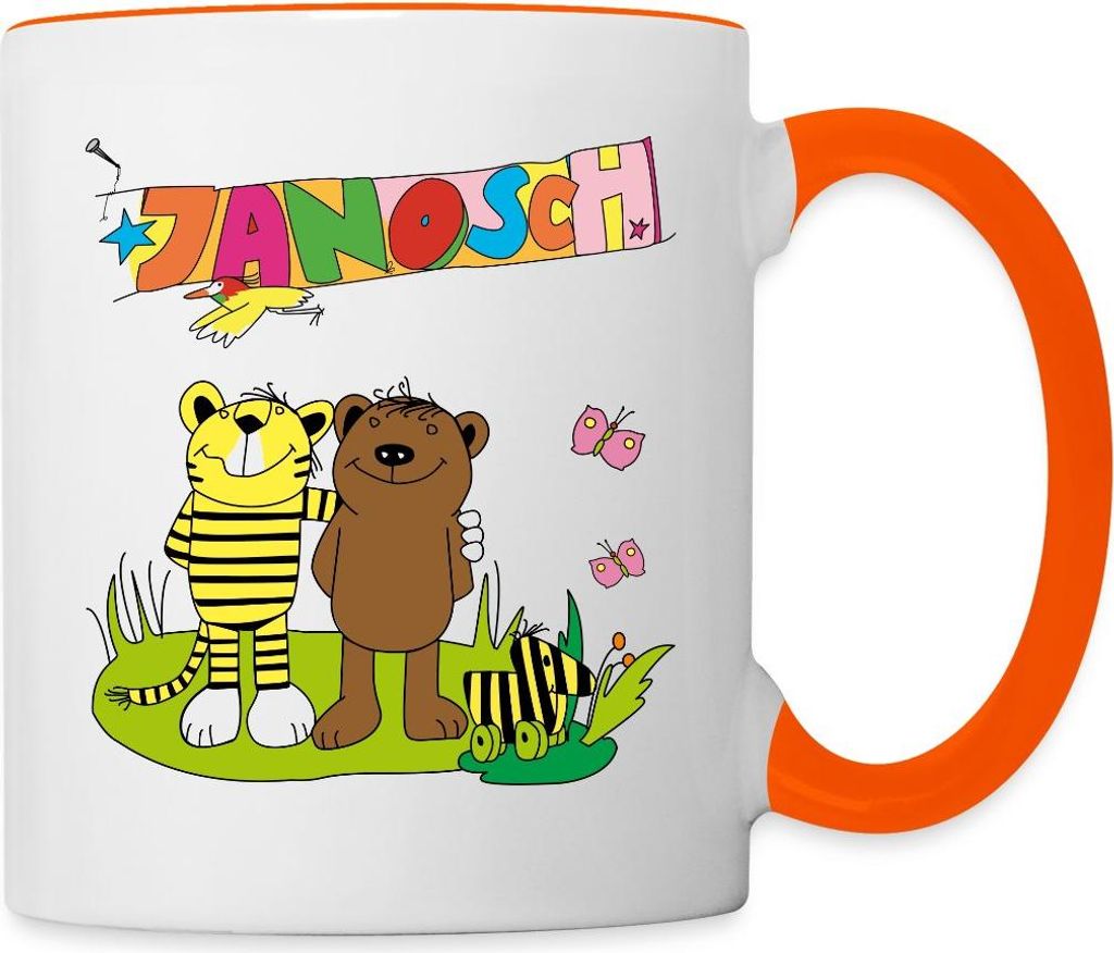 Spreadshirt Janosch Tiger und Bär Freundschaft Tasse Zweifarbig, One size, Weiß/Orange