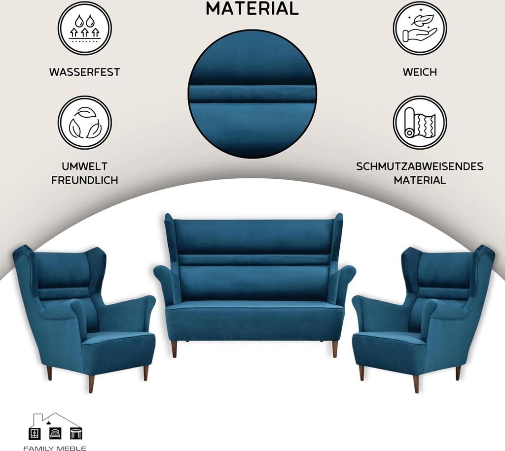 Family Meble Set aus Sofa + 2 Sessel Zoja 2-Sitzer Sofa Couch Zierpolsterung Freistehendes Lounge Sofa Bequem zum Entspannen Wohnzimmer Büro (R 137)