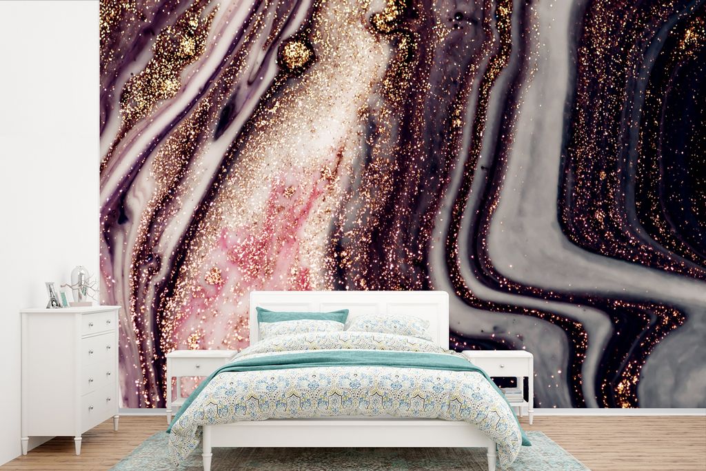 MuchoWow Fototapete für Wohnzimmer oder Schlafzimmer Wandtapete Vinyl Motivtapete Marmor - Rosa - Gold - Glitzer - Marmoroptik - 450x300 cm - Ge...