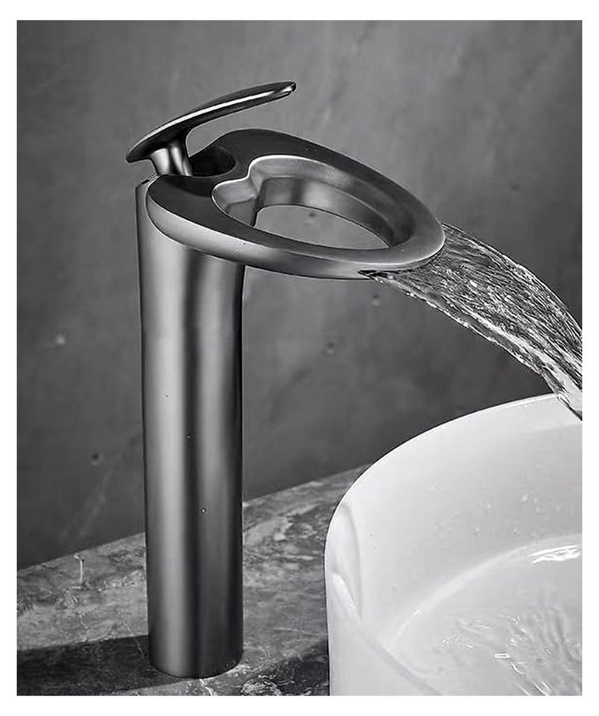 Kunst Wasserhahn für WC und Waschbecken, Badezimmerarmatur mit Wasserfall, Warm- und Kaltwasserhahn, grau beschichtet