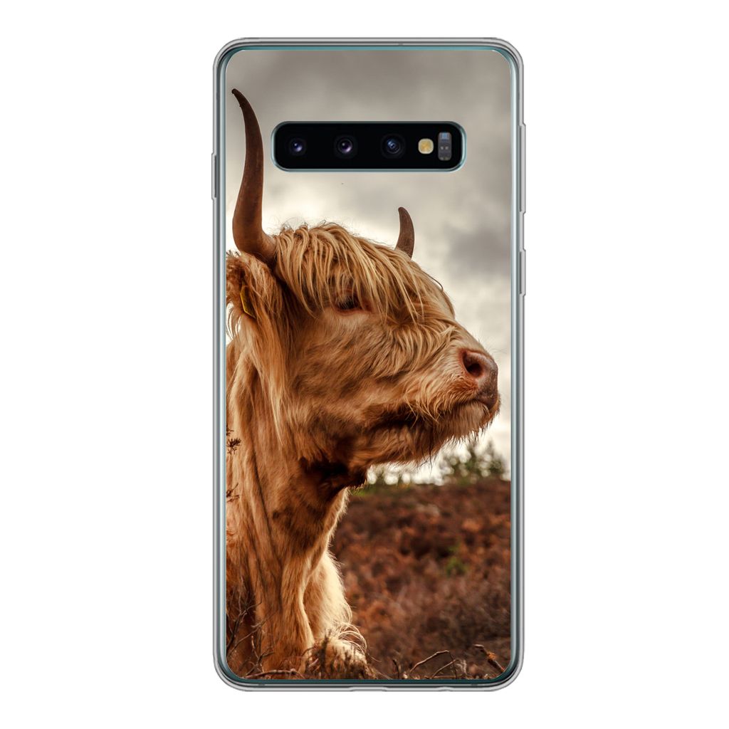 MuchoWow Handyhülle Schutzhülle Hülle für Samsung Galaxy S10 Scottish Highlander - Strauch - Heidekraut Silikon Softcase Handy Hülle - Handy...