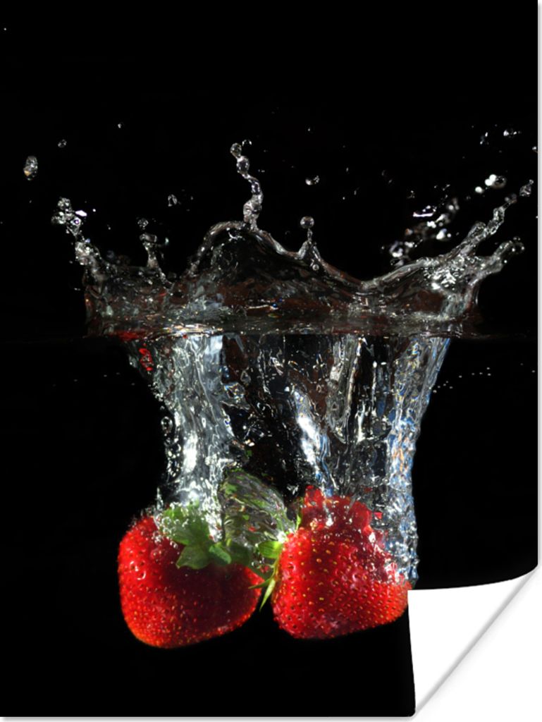 MuchoWow Poster Erdbeeren - Obst - Wasser - Schwarz - Rot 120x160 cm - Wandbilder