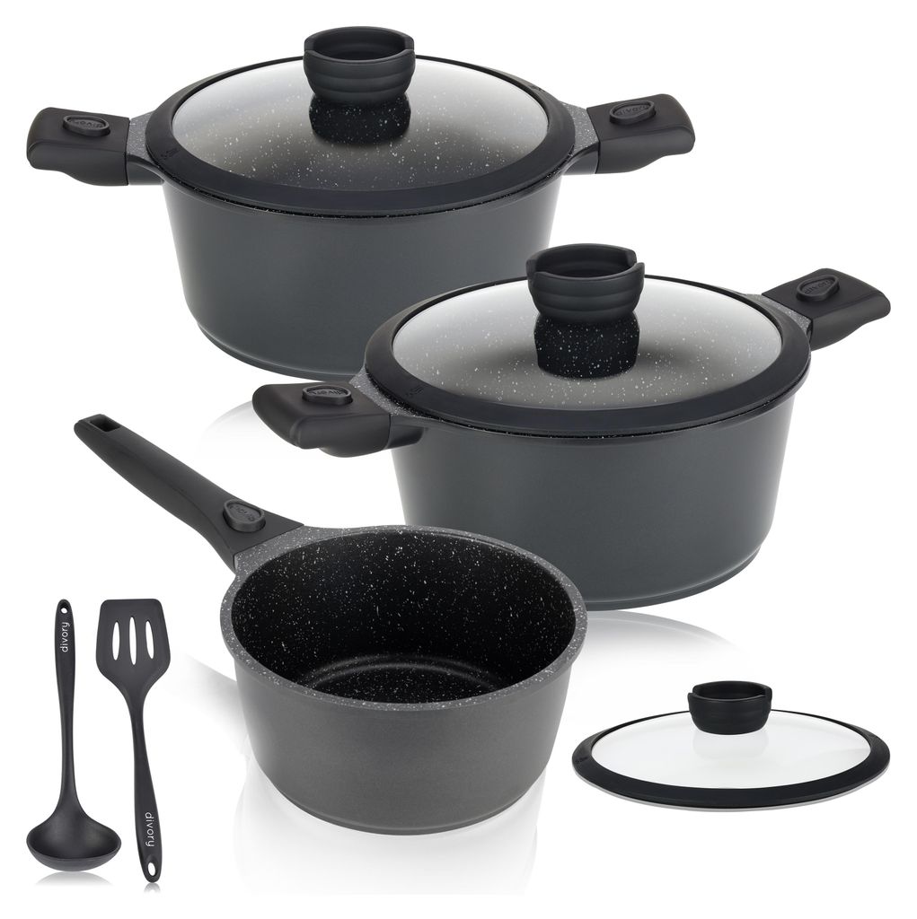 DIVORY Topfset - 8-tlg abnehmbare Griffe - Stielkasserolle 18cm, Kochtopf 20cm, Topf 24cm mit Deckel, Induktion Kochtöpfe, beschichtete Töpfe