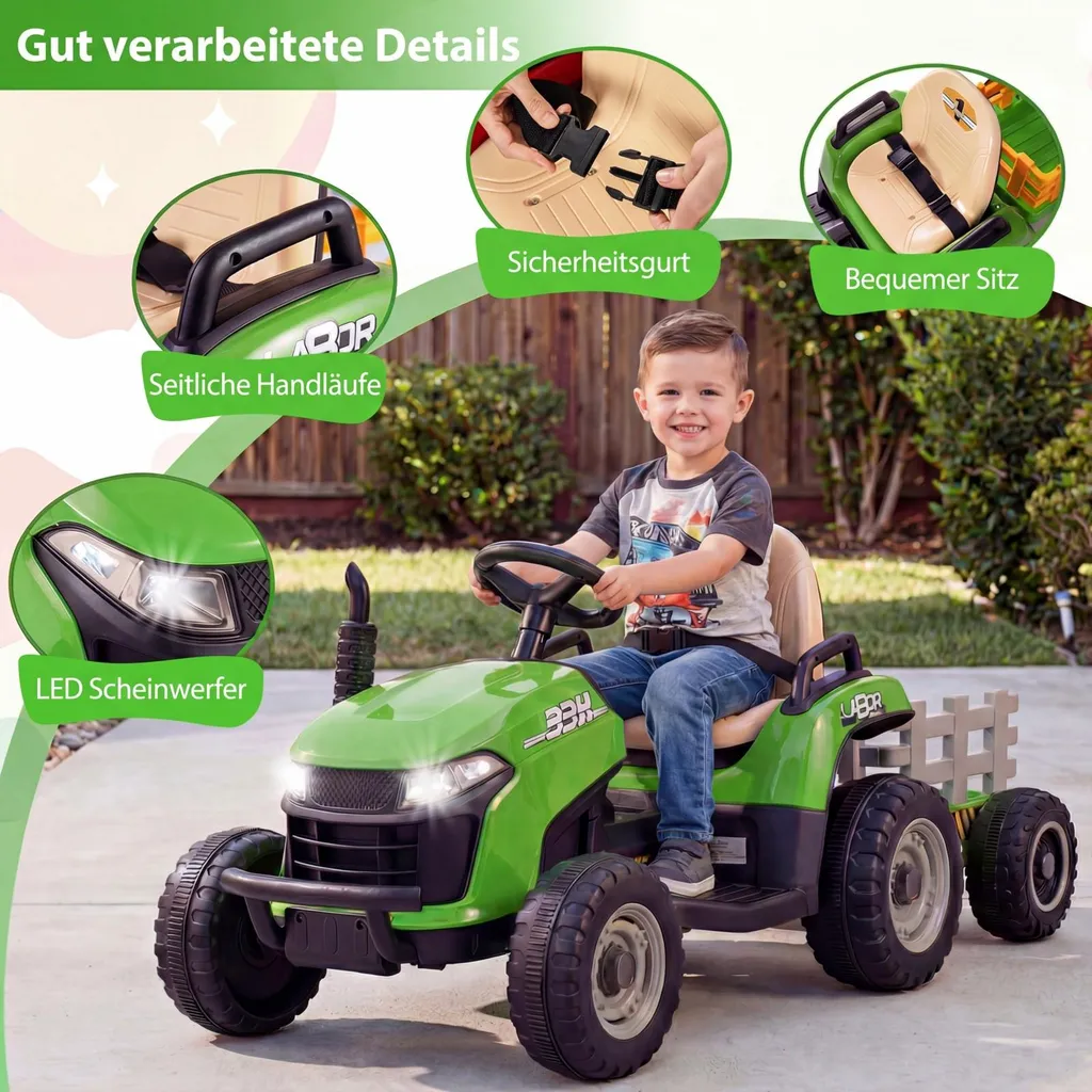 Tracteur électrique COSTWAY 24V vert avec remorque et télécommande parent