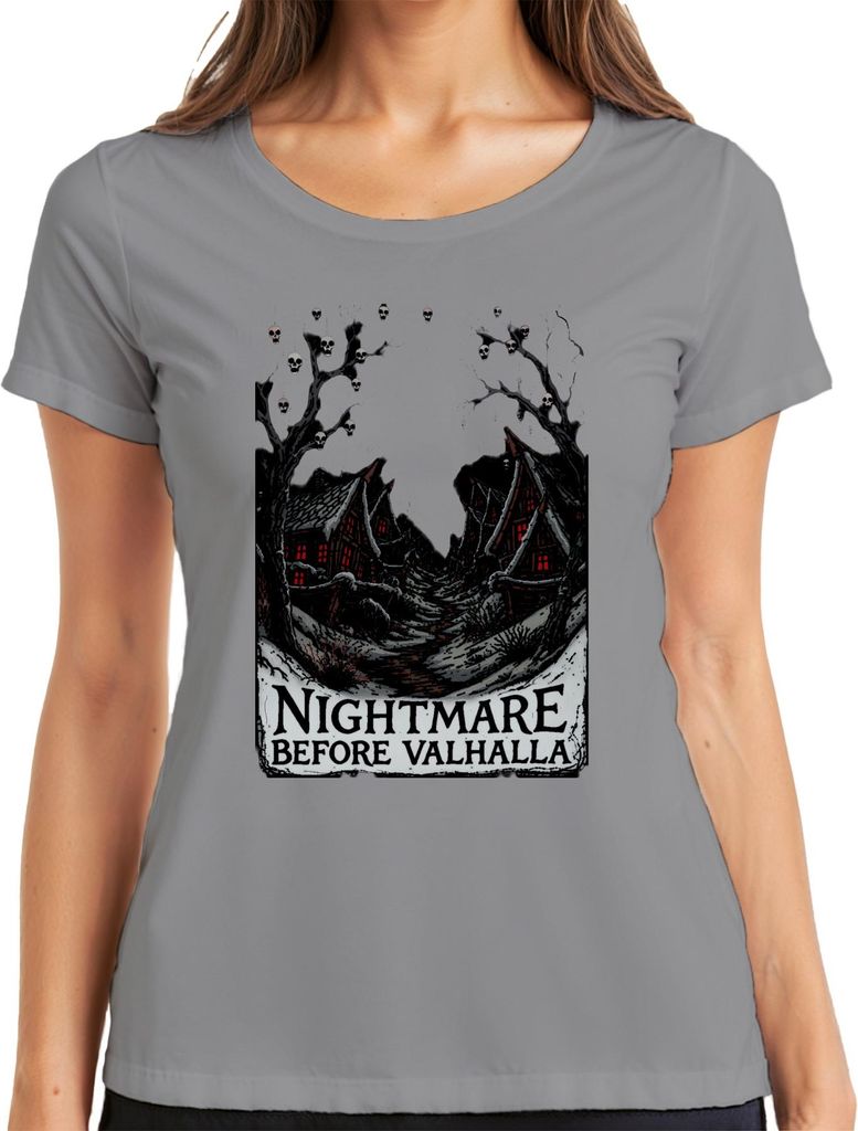 Nightmare Before Valhalla Wikinger Totenköpfe nordisch Halloween Damen T-Shirt, Grau, M