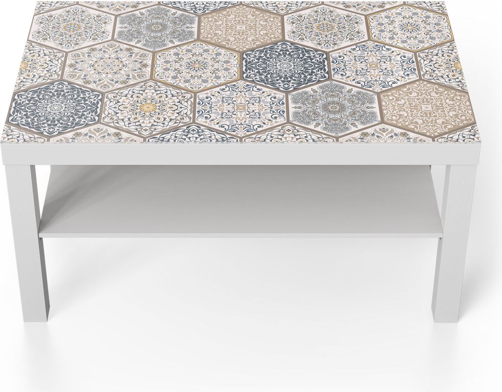 DEQORI Couchtisch 90x55 cm Weiß 'Abgenutztes Fliesenmuster' Glas Beistelltisch