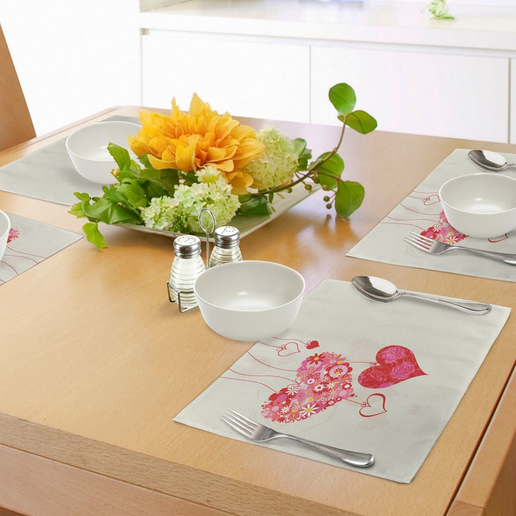 ABAKUHAUS Verlobungsfeier Platzmatten, Ornamental Floral Heart Icons an Strings mit Fliege befestigt, Tiscjdeco aus Farbfesten Stoff für das Esszi...