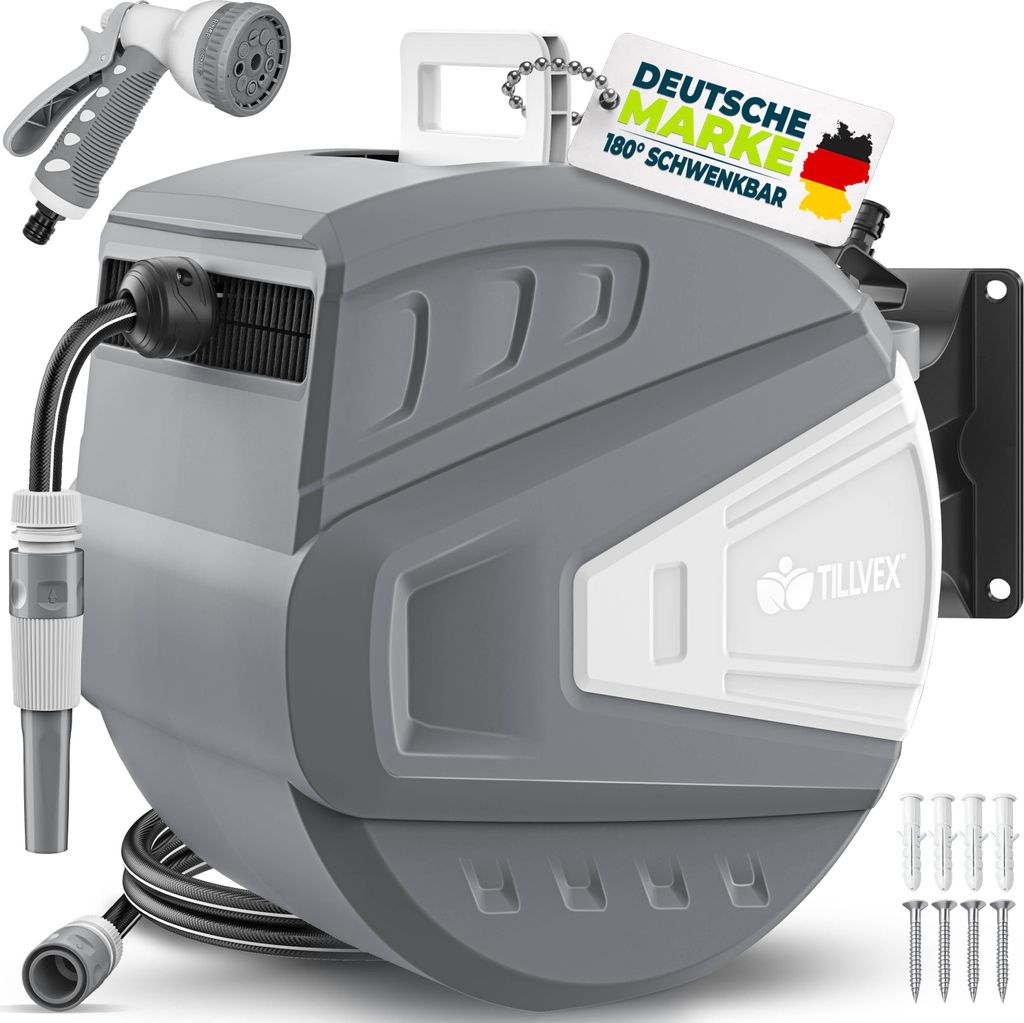 tillvex Schlauchtrommel Wasser 30+2m Grau mit Wandhalterung + Tragegriff | Schlauchaufroller mit Handbrause und Gartenschlauch | 180° Schwenkbar |...