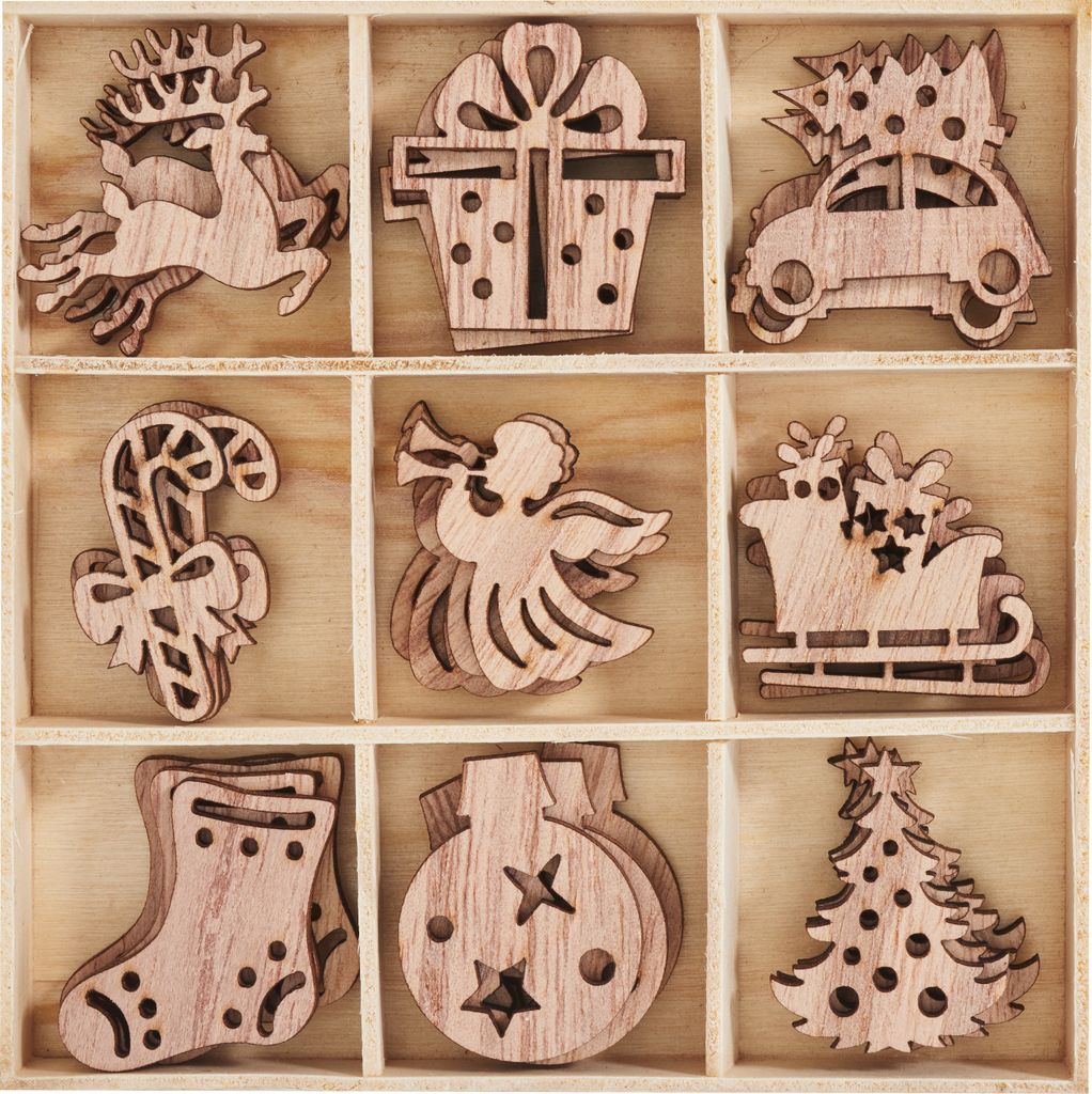 VBS Streuteile Christmas in Holzbox ca 3,5 cm 36 Stück Sperrholz Streudekoration