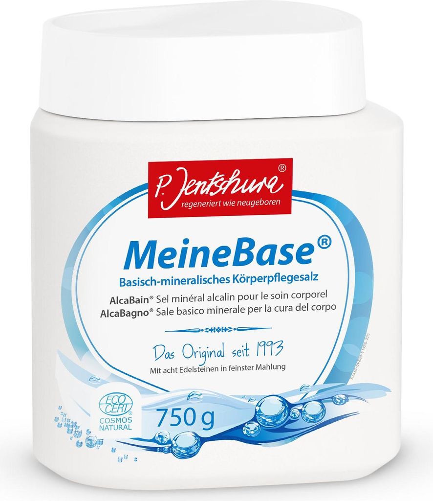 A white tub of P. Jentschura MeineBase bath salts with blue accents and text.