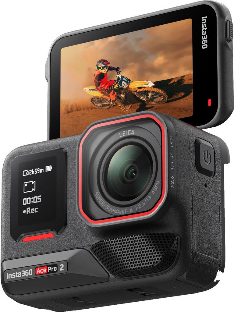 An action camera with its screen displaying a motocross rider.