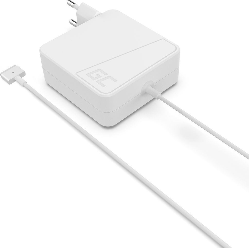 A white MacBook Air 2nd generation 45W MagSafe 2 charger with its cable is shown on a white background.